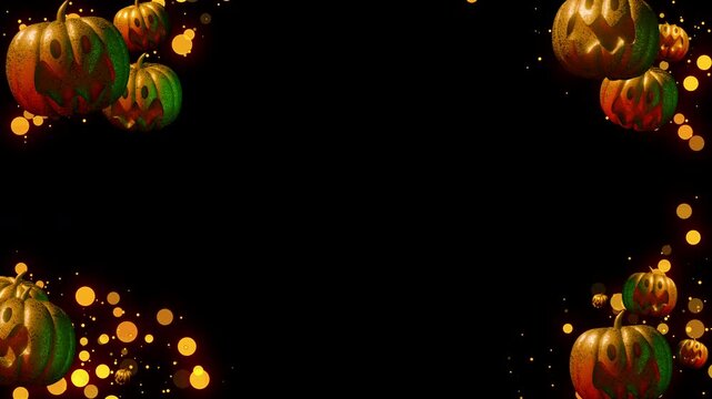 Looped animation of halloween frame with 3D pumpkins and golden particles. 4K footage with alpha channel.