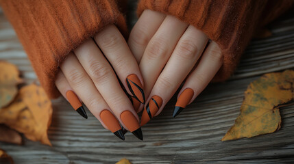 Side angle view of coffin nails in matte burnt orange, with a glossy black stripe on one nail. The hands are placed on a rustic wooden table for a cozy autumn vibe