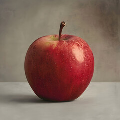 Isolated, close-up shot of a shiny, red apple with a green leaf against a neutral background