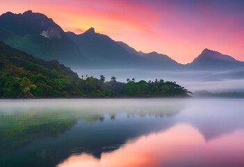 mountain, landscape, sunset, mountains, sky, nature, sunrise, lake, cloud, dawn, clouds, morning, sun, water, evening, view, fog, mist, dusk, valley, hills, sea, hill, forest, beauty