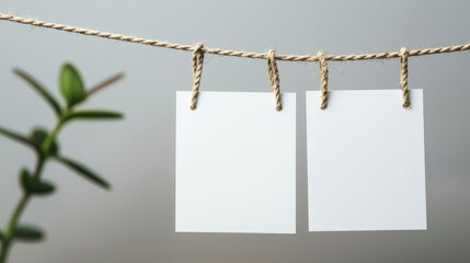 Two blank white cards hanging on twine with clothespins.