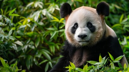 Obraz premium Close-up of a giant panda in a lush bamboo forest.