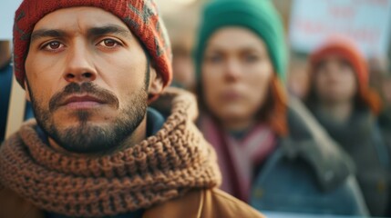 Close-up portrait of a young man with a serious expression at a protest.