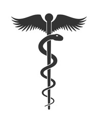 Staff of asclepius symbol. Caduceus sign. Snake around pole medical logo. Vector illustration image.
