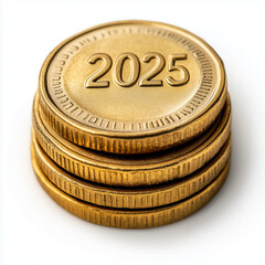 A stack of gold coins with the number 2025 on them. The coins are piled on top of each other