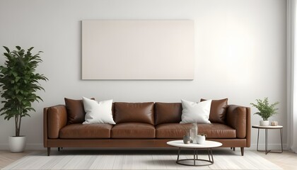 A modern living room with a large brown leather sofa, white throw pillows, and two Blank Canvas on the wall.