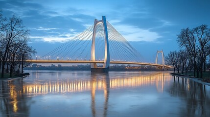 Obraz premium A modern bridge with sleek, sweeping lines spans a wide river at dusk. The elegant structure is illuminated by soft lights, casting reflections on the river’s surface as the sky transitions