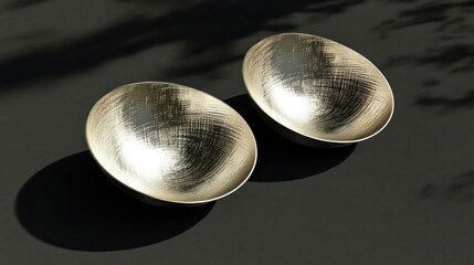Two metallic bowls with a textured surface, placed on a flat dark surface.