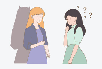 Businesswoman with bad thoughts , devil horns shadow behind talking with doubt woman. Deal with the devil. Hand drawn flat cartoon character vector illustration.