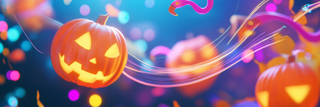 Abstract Neon Blue Aura Trails Surrounding Jack-o’-lanterns, Abstract Halloween Art

