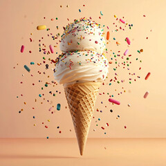 A double scoop of vanilla ice cream in a waffle cone is surrounded by colorful sprinkles that appear to be floating mid-air against a soft peach background, creating a playful and whimsical dessert sc