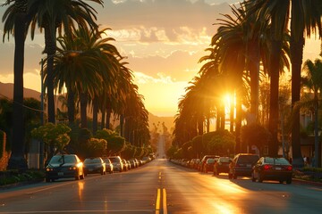 Naklejka premium Sunset Boulevard: A Serene Evening Drive Lined with Palm Trees