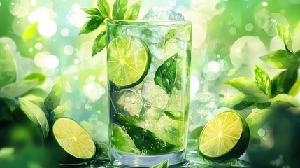 Refreshing Mojito in a Tall Glass with Mint and Lime