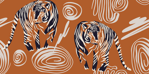 Tigers seamless pattern. Creative collage pattern. Fashionable template for design.
