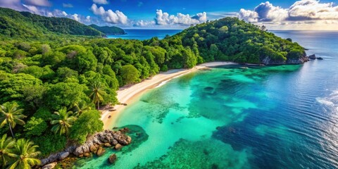 Obraz premium Aerial view of a stunning tropical beach with crystal clear waters and lush greenery