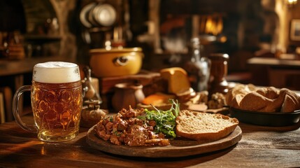 Naklejka premium Rustic Dining Scene with Choucroute Garnie and Beer