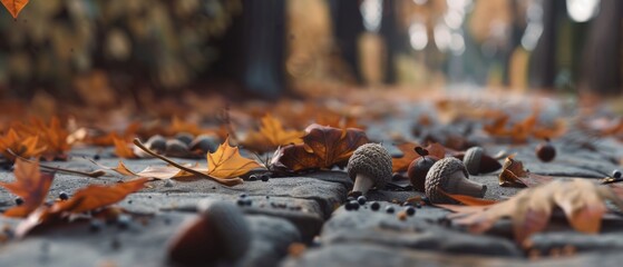 Autumn leaves and acorns pile up on a cobblestone path in a wooded area, evoking a nostalgic sense of seasonal transition and natural beauty.