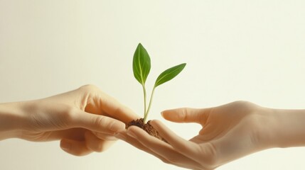 A detail shot of a couple's hands holding a small plant, symbolizing growth