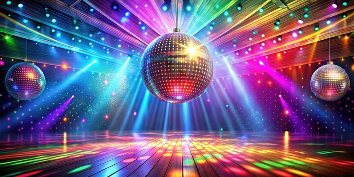 Colorful dance hall with a shimmering disco ball and beams of light, Disco ball, dance floor, colorful lights, party
