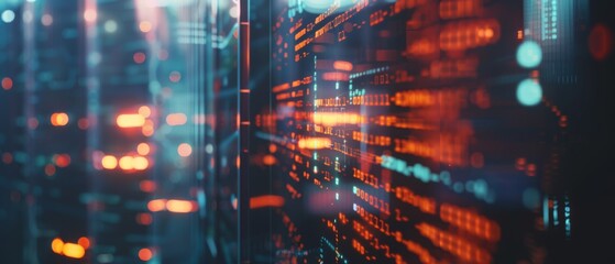 Amid glowing servers, data streams as vibrant digital lights reflect advanced technology's seamless pursuit for innovation.