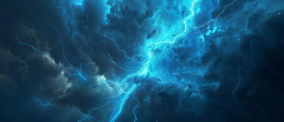 Within a swirling mass of electric blue, lightning dances across a dark sky, showcasing the fierce beauty of a thunderstorm.