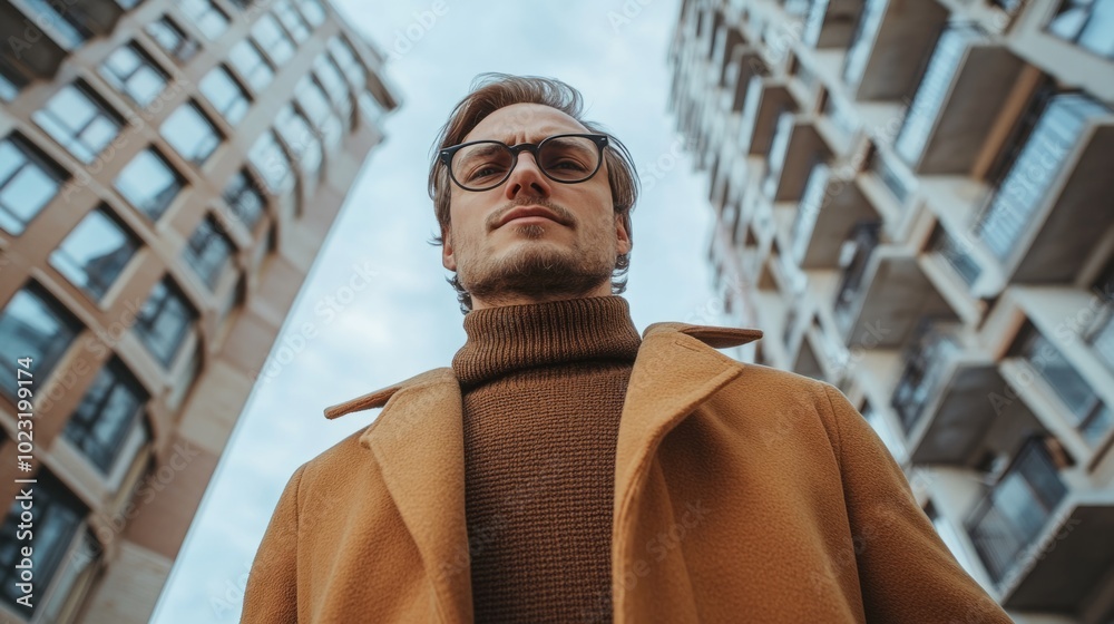 Poster a man in a brown coat stands in front of a building