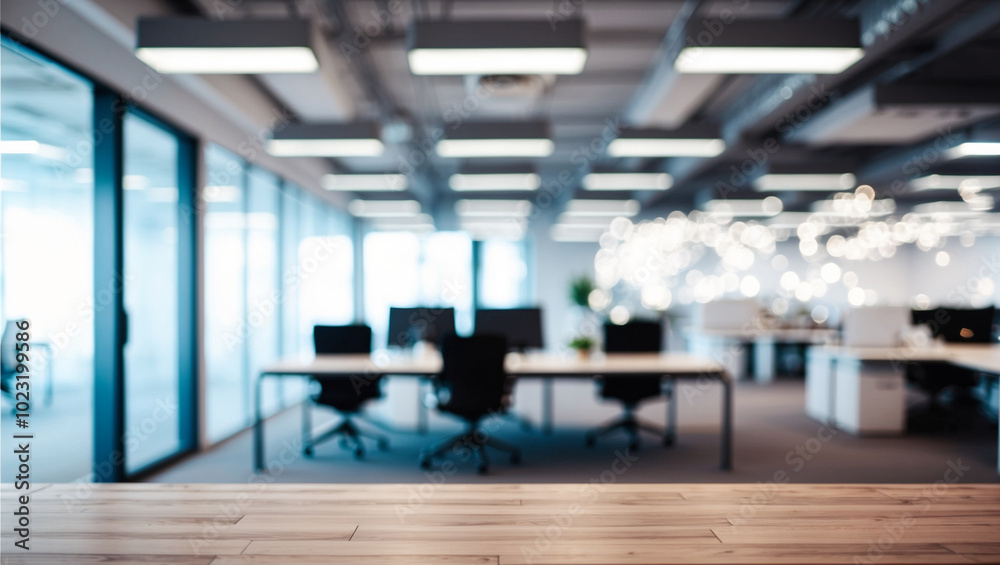 Wall mural blurred image of modern office interior with bokeh lights.
