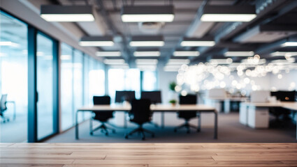 Blurred image of modern office interior with bokeh lights.