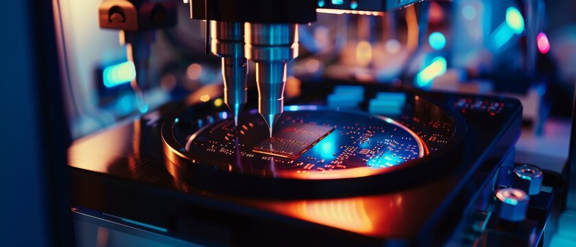 A vibrant lab microscope highlights the connections of a microchip under colorful lights, reflecting precision and innovative technology.