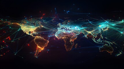 Obraz premium World stock markets represented by a map with connecting lines between cities