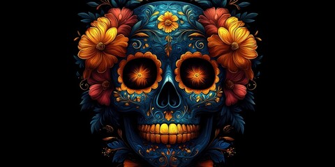 Surrealistic illustration of a Mexican sugar skull with colorful floral ornaments, centered on a black background