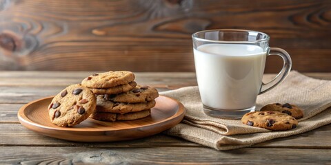 Cozy coffee break scene with chocolate chip cookies, milk, and wooden plate, coffee, cookies, milk, chocolate chips