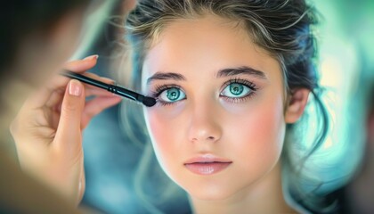 Obraz premium Young woman skillfully applying makeup in front of a mirror, showcasing beauty techniques
