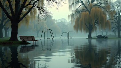 Flooded Train Tracks with Stranded Yellow Train