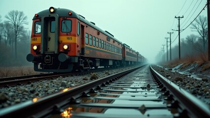 Obraz premium Flooded Train Tracks with Stranded Yellow Train