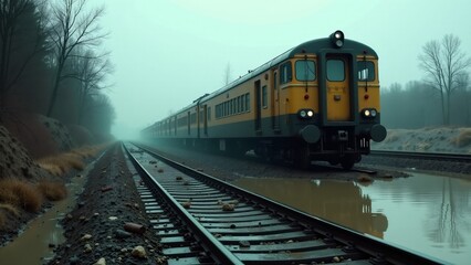 Obraz premium Flooded Train Tracks with Stranded Yellow Train