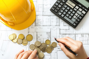 Architect is calculating construction costs using a calculator, with blueprints and a hardhat nearby