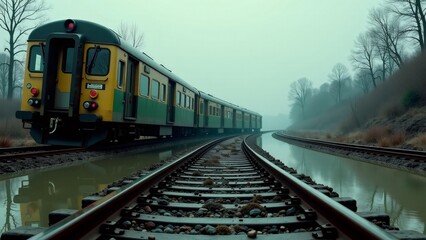 Obraz premium Flooded Train Tracks with Stranded Yellow Train