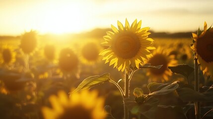 Sunflower Field at Golden Hour with Sun Setting