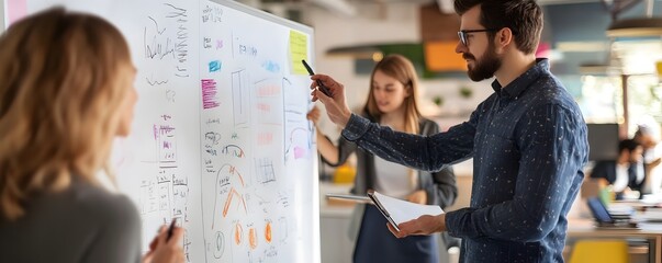 Business teams in office brainstorming with separate whiteboards displaying contrasting strategies