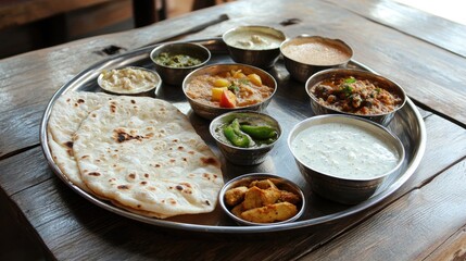 Beautifully Arranged Thali Meal on Rustic Table