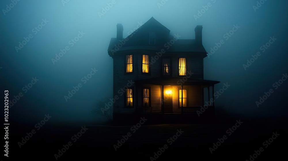 Poster a mysterious house illuminated by soft light, shrouded in fog, creating an eerie yet captivating atm