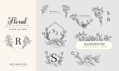 wedding monogram Set of, botanical floral branch or logo. wedding herb of Hand drawn , Homeplate with elegant leaves. Floral frame & Wedding wildflowers for invitation save the date card Etc.