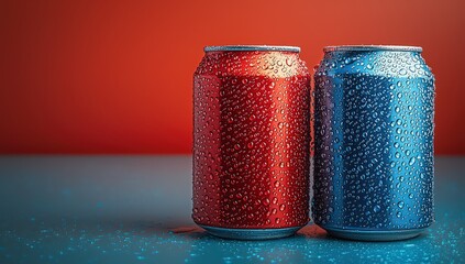 Two soda cans, one is red and the other is blue, with condensation droplets on their surfaces. 