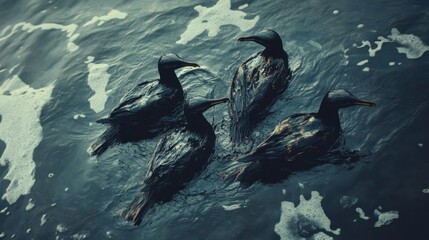 Obraz premium A tragic scene of seabirds covered in oil, perched on the ocean surface, surrounded by a slick from an oil spill, symbolizing the damage to marine life