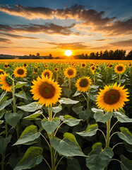 Fototapeta premium Stunning sunset over a field of sunflowers with vibrant yellow blooms