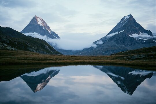 Majestic Mountain Peaks Reflecting on Serene Lake at Dawn