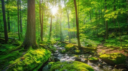 Fototapeta premium Sunlight Filtering Through a Lush Forest