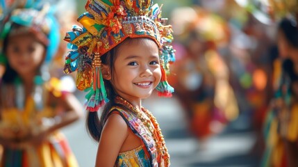 Fototapeta premium A Young Girl Dressed in Traditional Colorful Attire Smiles Brightly
