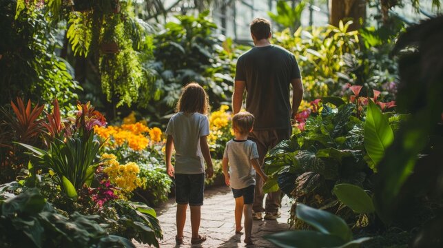 A Father and His Two Sons Walk Through a Lush Tropical Garden - Powered by Adobe
